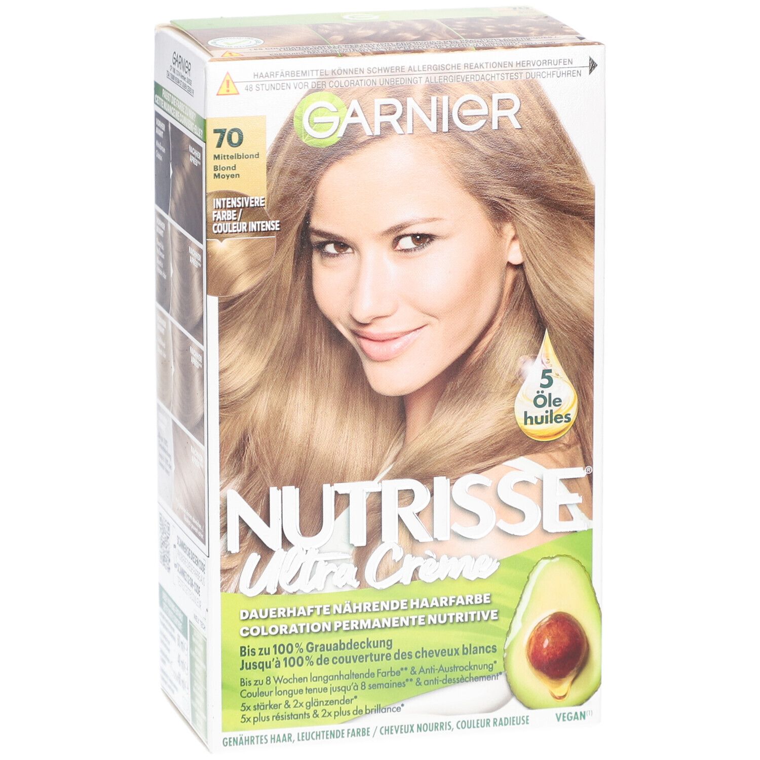 Garnier Nutrisse Crème verpakking. Kleur 70 Middenblond. Afbeelding van een blonde vrouw. Avocado-illustratie.