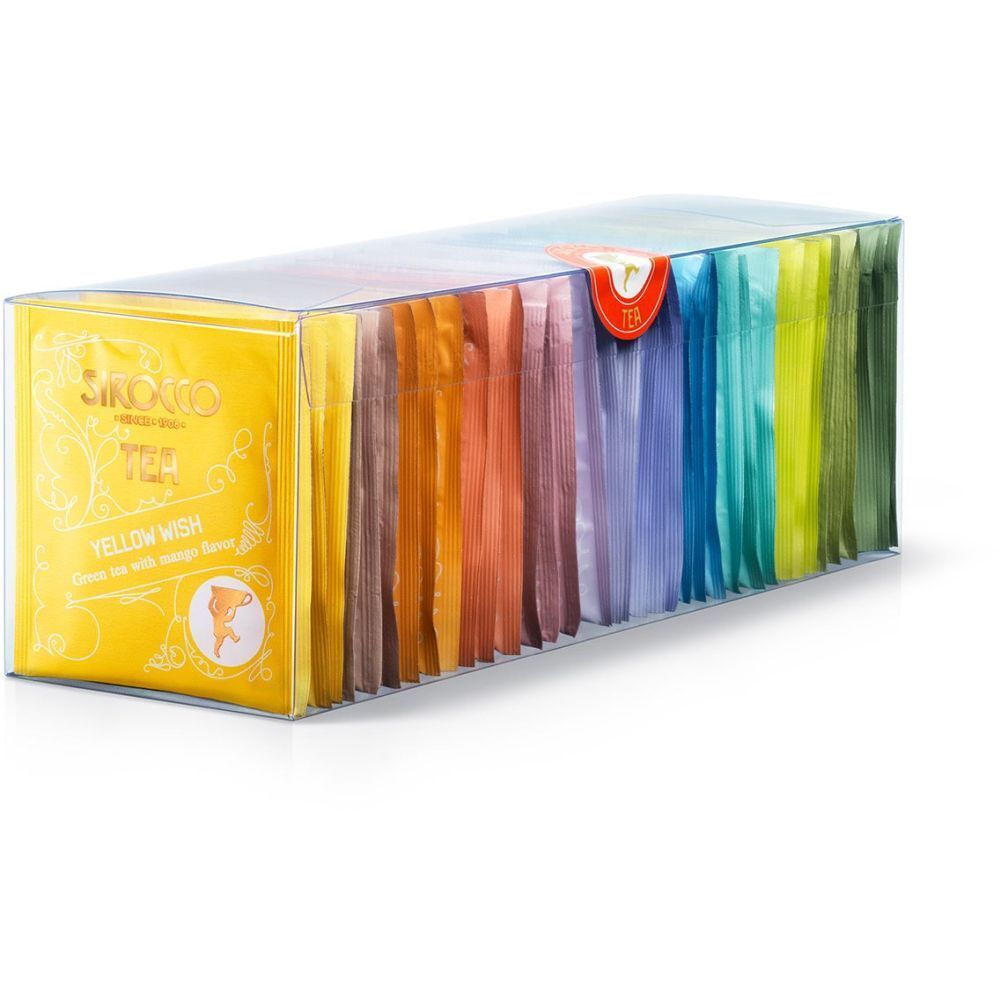 Boîte transparente avec sachets de thé colorés. Emballage jaune avec texte et logo. Autocollant rouge avec logo.