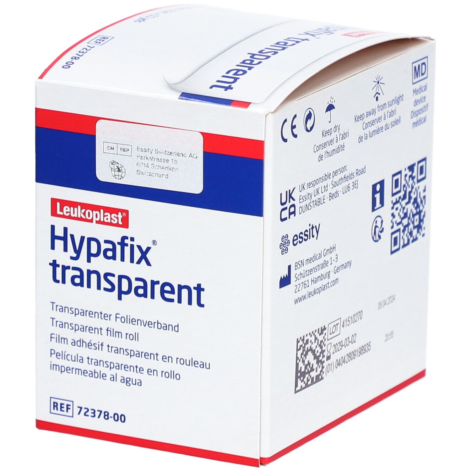 Verpakking van Hypafix transparent. Witte doos met rode en blauwe tekst. Productnaam en informatie.