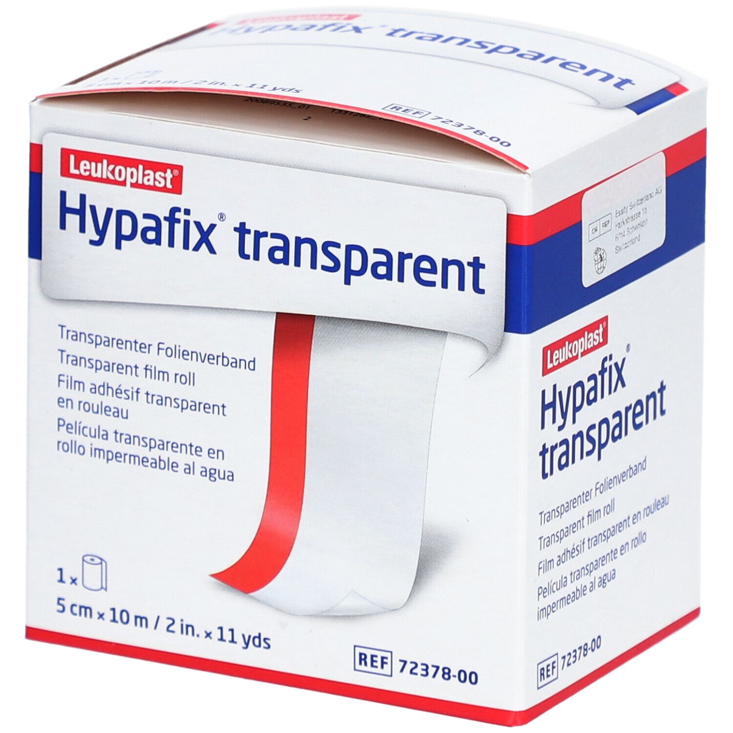 Hypafix transparent in verpakking. Witte doos met rode en blauwe tekst. Rol transparante film zichtbaar.
