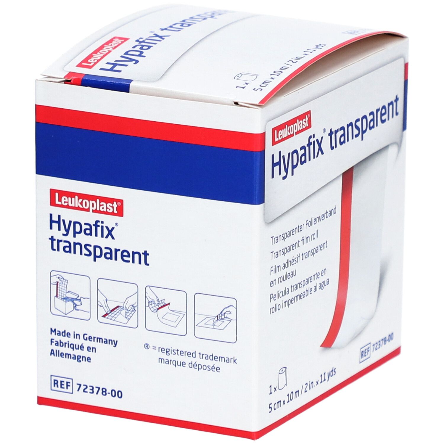 Verpakking van Hypafix transparent. Witte doos met rode en blauwe tekst. Productnaam en voorbeelden van gebruik.