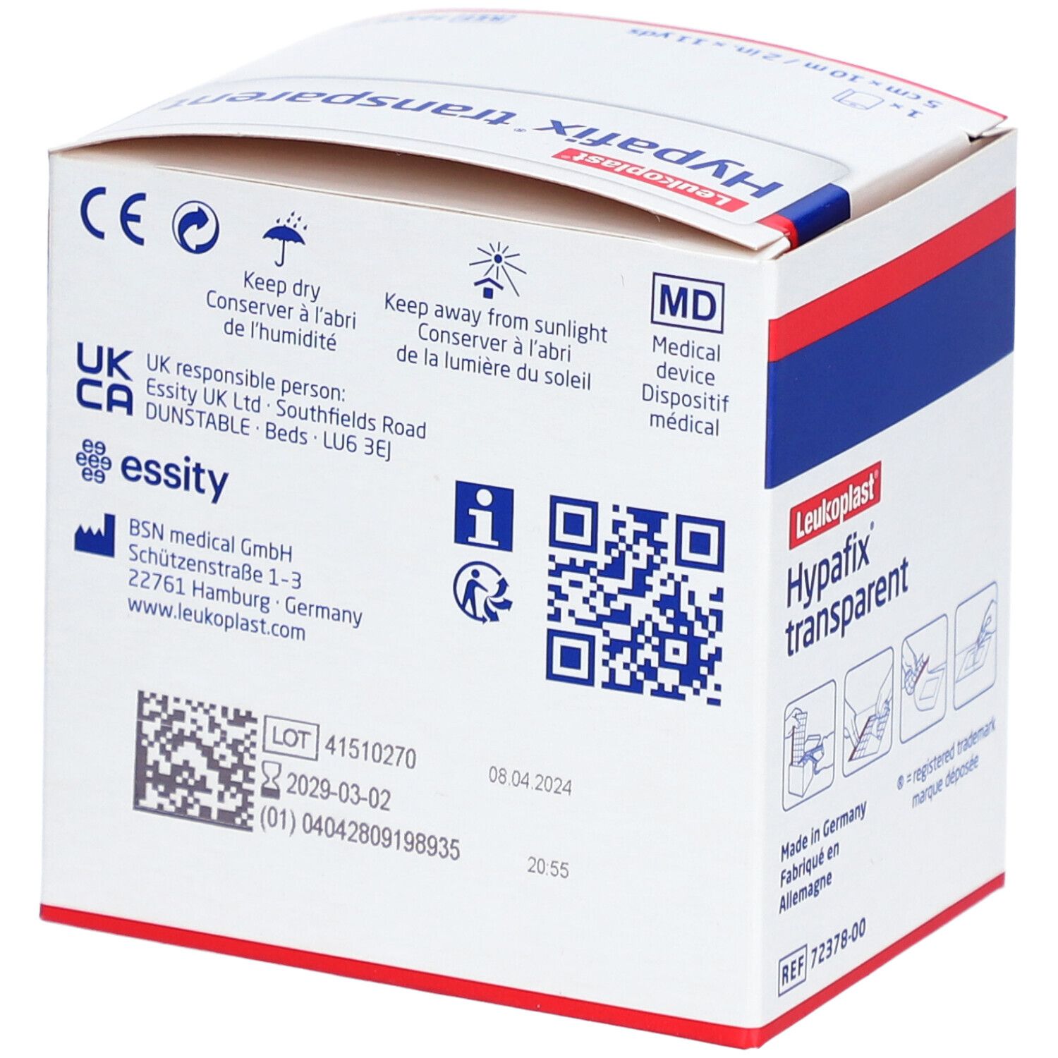 Achterkant van de Hypafix transparent verpakking. Informatie, QR-code, lotnummer en fabrikantenadres.