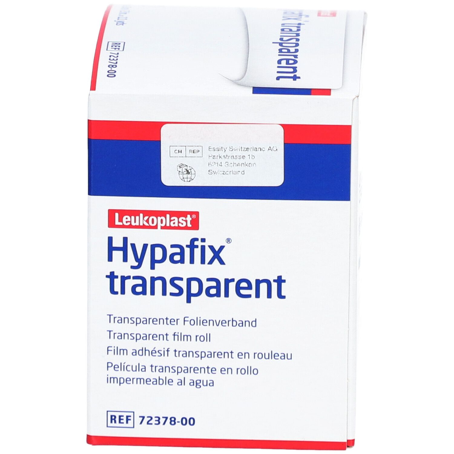 Verpakking van Hypafix transparent. Witte doos met rode en blauwe tekst. Productnaam en informatie.