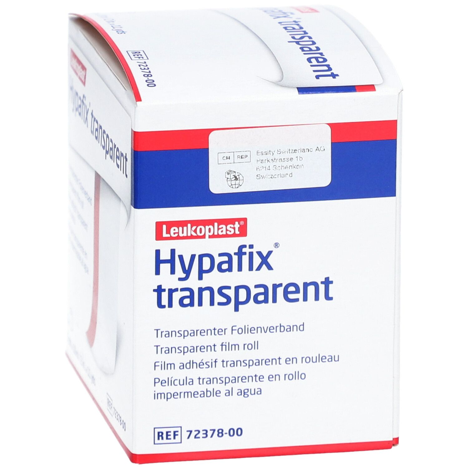 Verpakking van Hypafix transparent. Witte doos met rode en blauwe tekst. Productnaam en informatie.