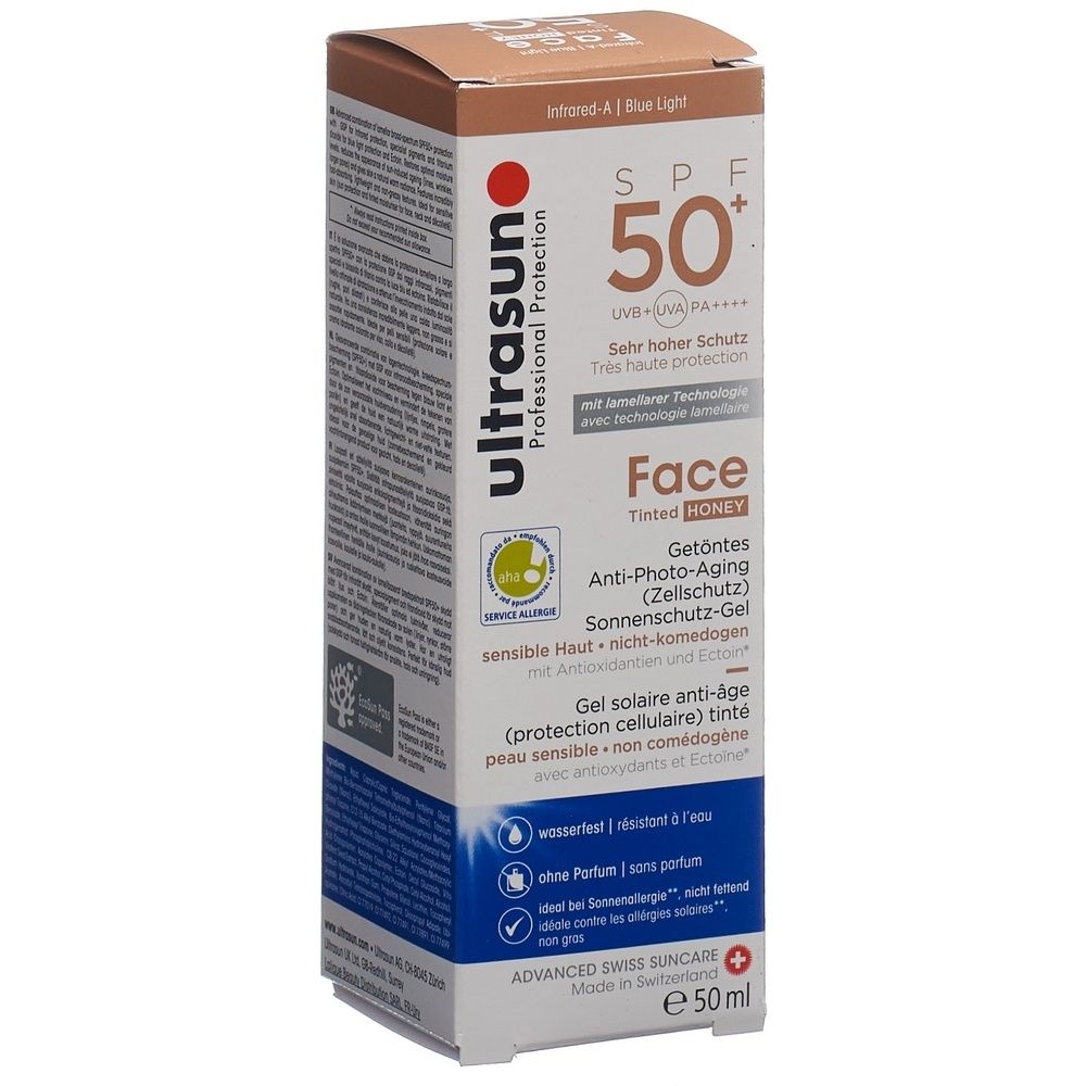 Doos ULTRASUN Face Anti-Aging-Sonnengel SPF50+ Honey. Bevat SPF50+ en Anti-Photo-Aging. Zonnebescherming.