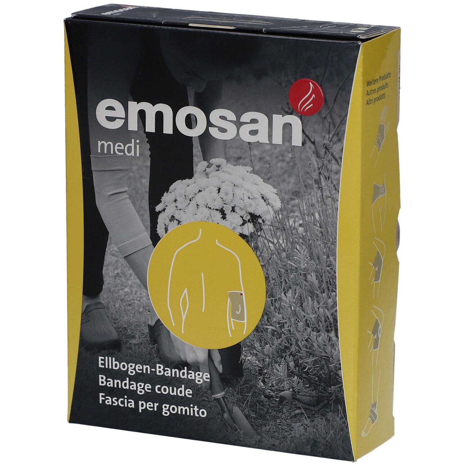Emballage de l'attelle de coude medi. Impression : emosan medi, attelle de coude, illustration du produit. Boîte noire et jaune.