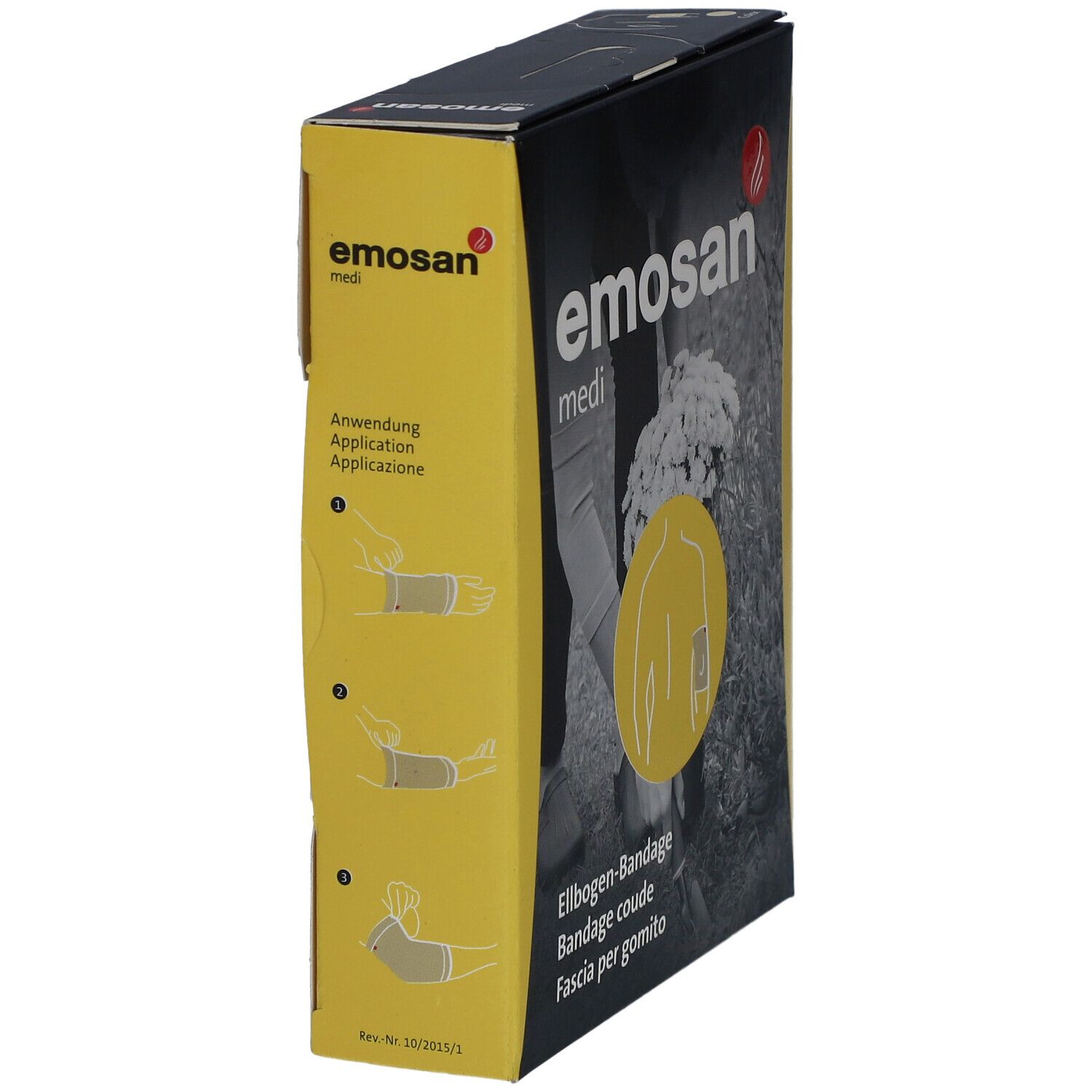 Vue latérale de l'emballage de l'attelle de coude medi. Impression : emosan medi, application, illustrations. Boîte noire et jaune.