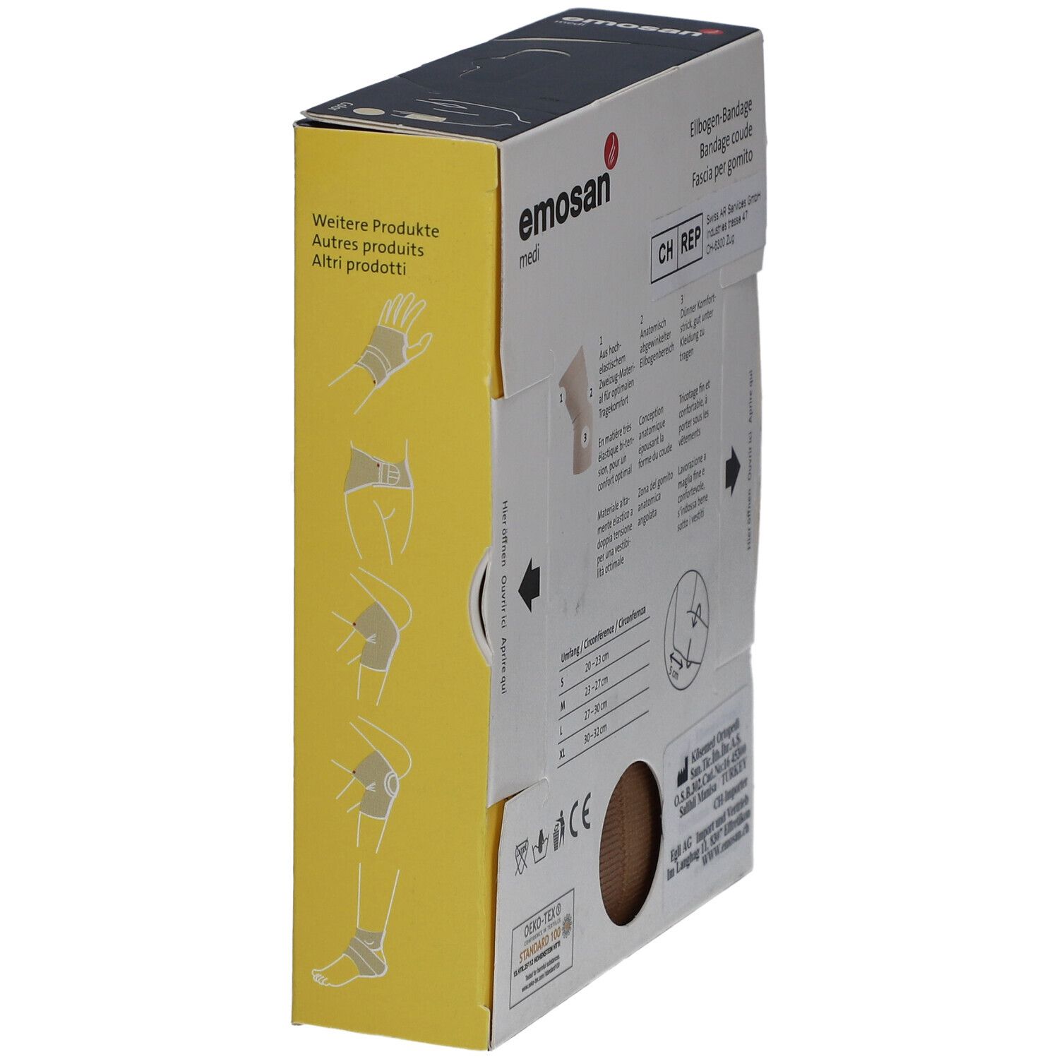 Vue latérale de l'emballage de l'attelle de coude medi. Impression : Autres produits, indications de taille, illustrations. Attelle marron visible.