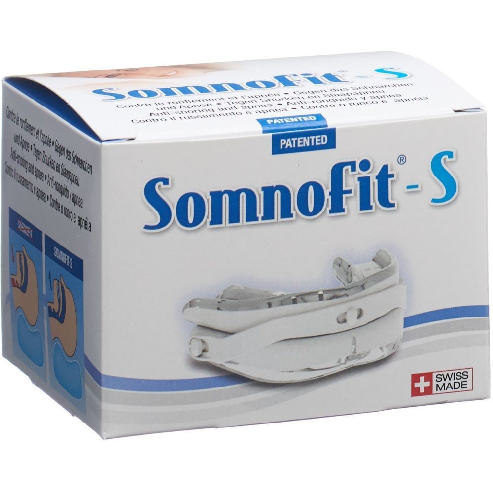 Boîte avec image du produit. Inscription: Somnofit-S, contre le ronflement et l'apnée. Swiss Made. Breveté.