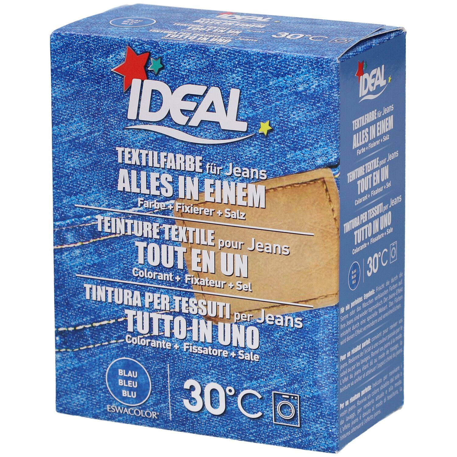 Boîte de teinture textile Ideal pour jeans. Inscription: Tout en un. Couleurs: Bleu. Symbole de machine à laver.