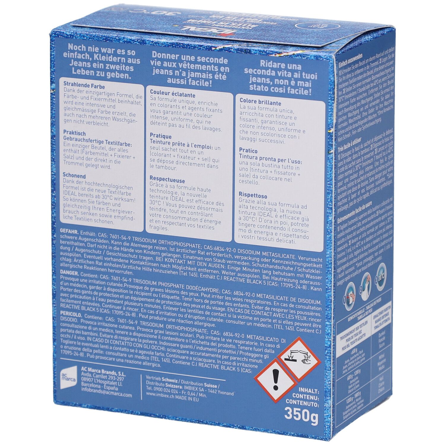 Dos de la boîte de teinture Ideal. Texte avec ingrédients et avertissements. Poids: 350g.