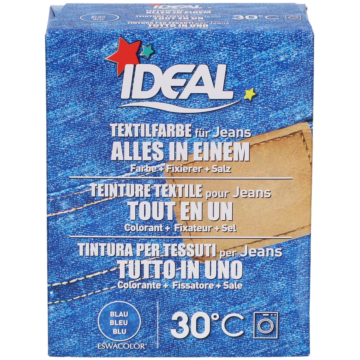 Boîte de teinture Ideal. Inscription: Tout en un. Couleurs: Bleu. Symbole de machine à laver. 30°C.