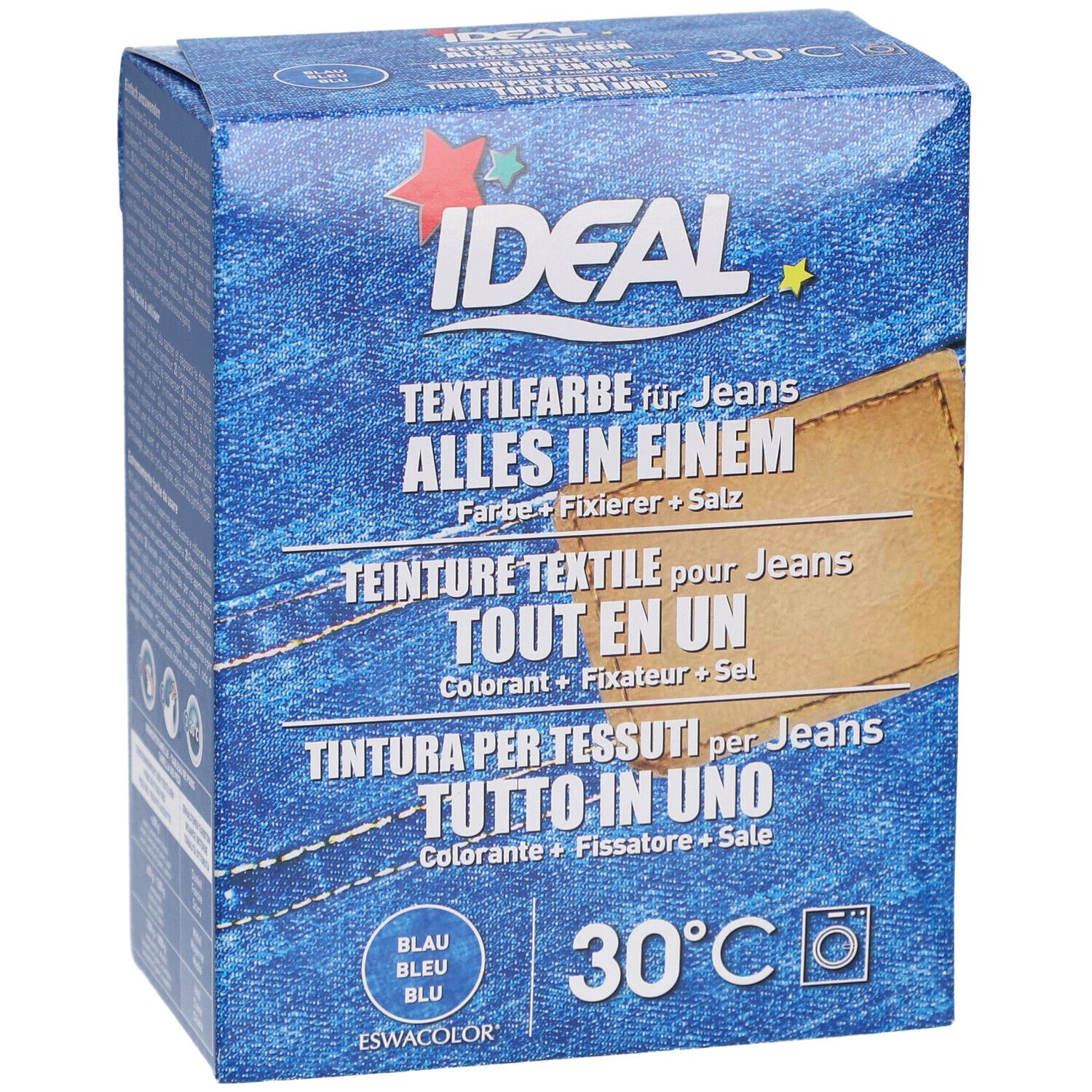 Boîte de teinture Ideal. Inscription: Tout en un. Couleurs: Bleu. Symbole de machine à laver. 30°C.