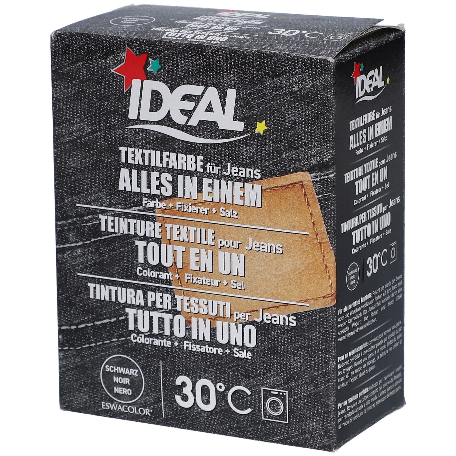 Boîte de teinture textile IDEAL pour jeans, noir. Contient couleur, fixateur et sel. Lavage en machine.