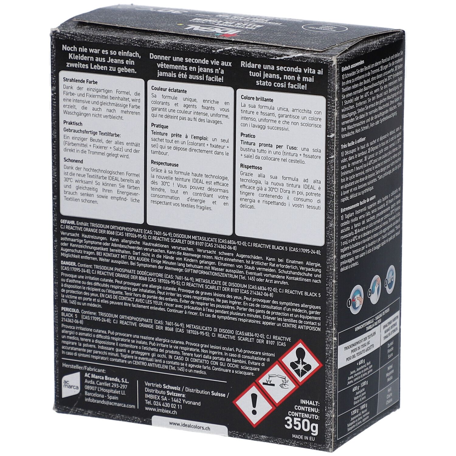 Dos de la boîte de teinture textile IDEAL. Contient des informations sur les ingrédients et des avertissements. 350g.