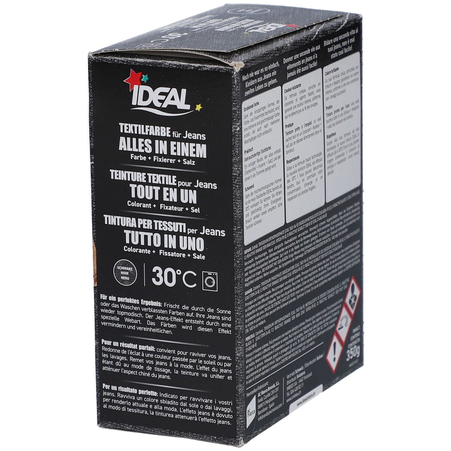Boîte de teinture textile IDEAL. Contient des informations d'utilisation et d'aptitude au lavage en machine. 350g.
