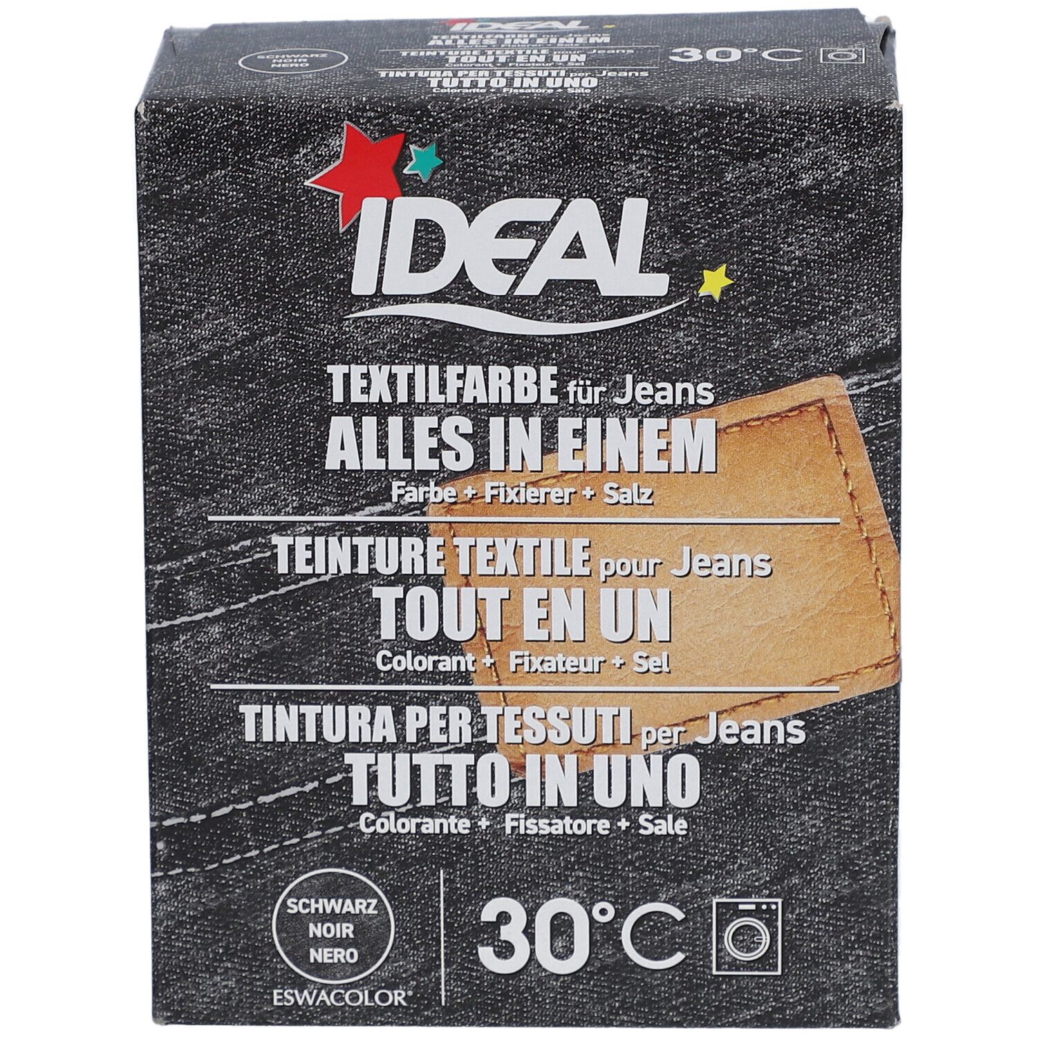 Teinture textile IDEAL noire pour jeans. Contient couleur, fixateur et sel. Lavage en machine. 30°C.