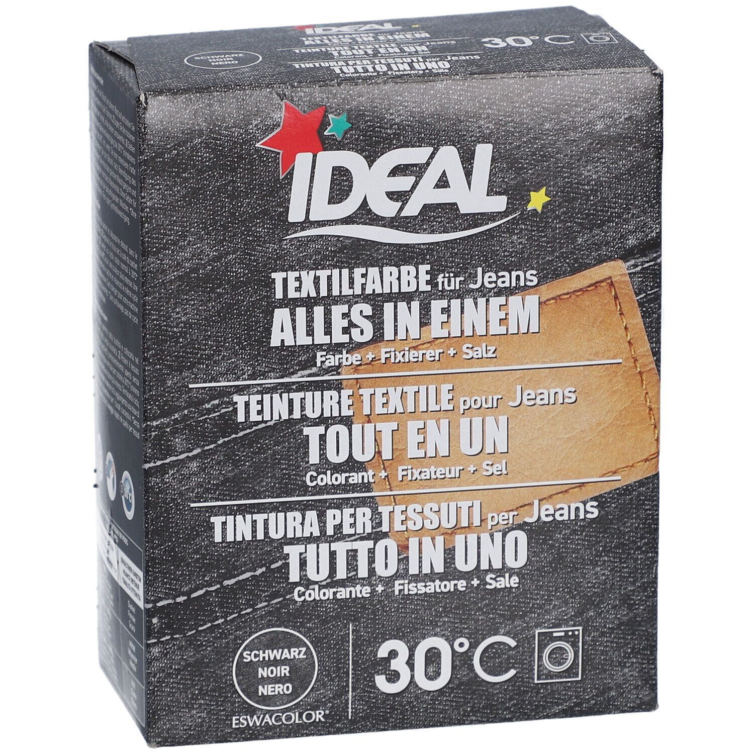 Teinture textile IDEAL noire pour jeans. Contient couleur, fixateur et sel. Lavage en machine. 30°C.