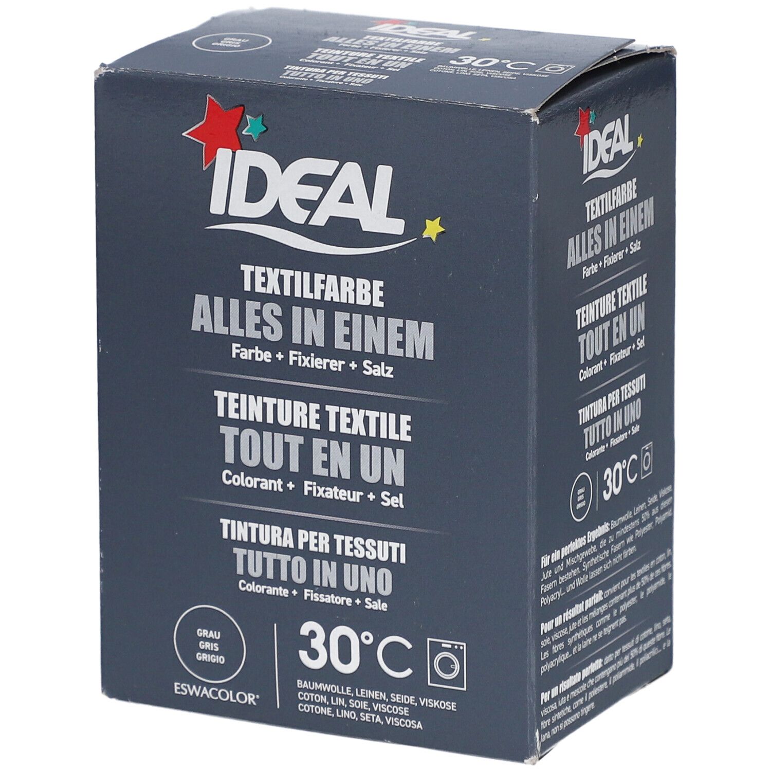 Boîte grise foncée. Inscription: IDEAL Teinture textile Tout en un. Contient colorant, fixateur et sel. Symbole machine à laver et 30°C.
