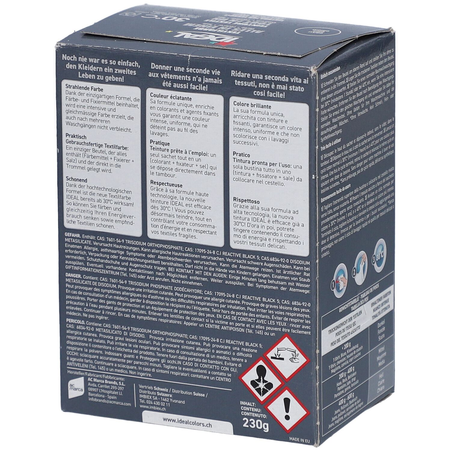 Boîte avec texte. Contient des avertissements et des informations sur la composition des ingrédients. Poids: 230g. Symboles de danger.