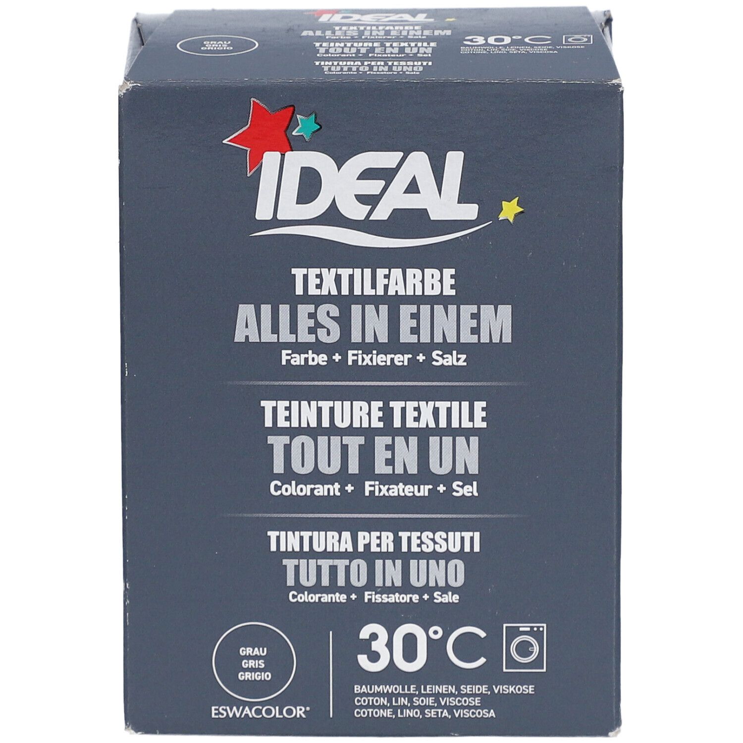 Face avant de la boîte. Inscription: IDEAL Teinture textile Tout en un. Contient colorant, fixateur et sel. Symbole machine à laver et 30°C.