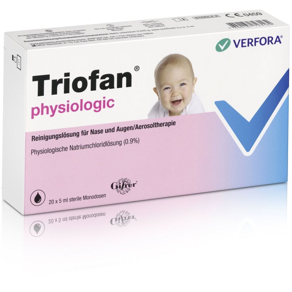 Boîte de TrioFan Physiologic. Contient 20 x 5 ml de monodoses stériles. Image d'un bébé souriant. Marque Verfora.