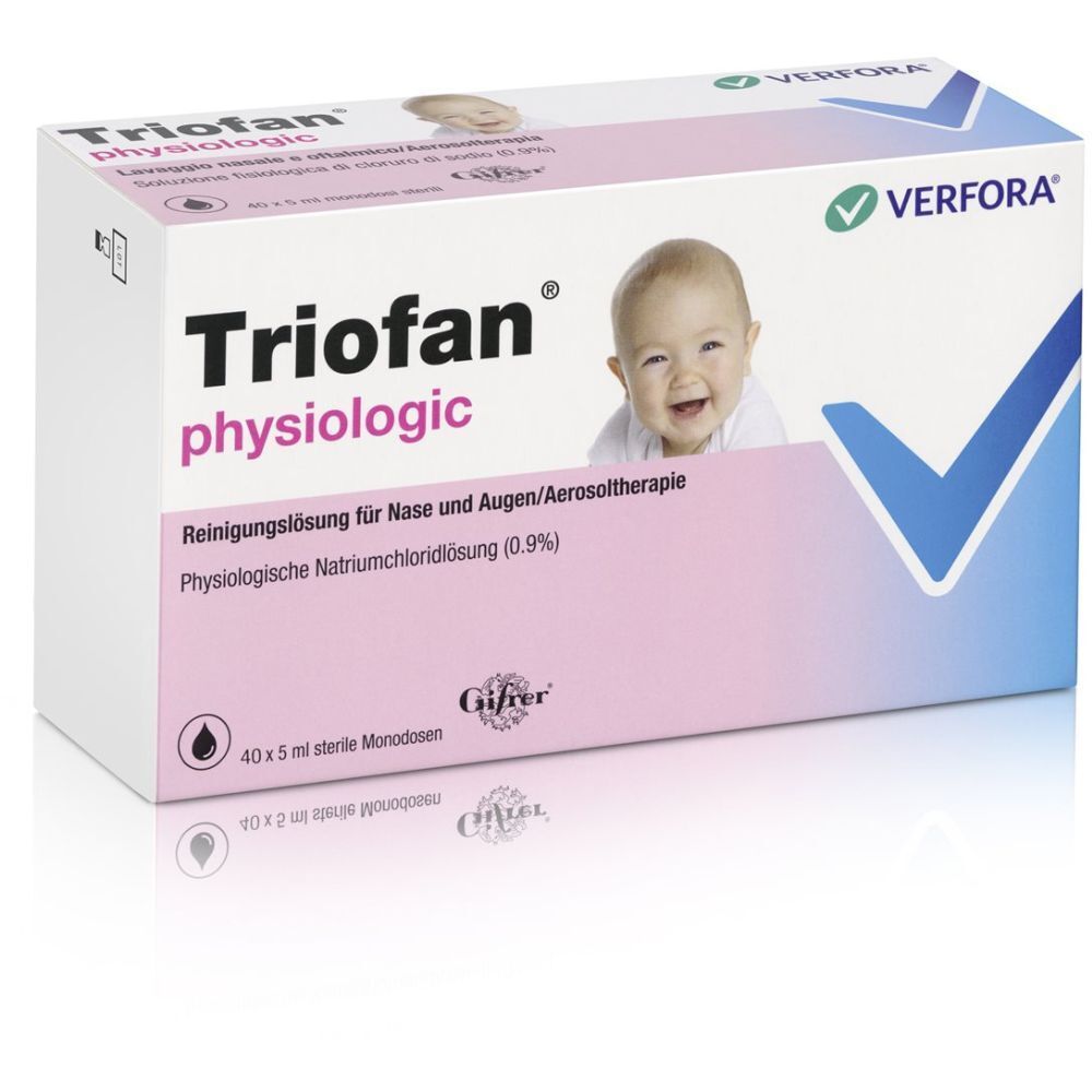 Verfora TrioFan Physiologic, doos met babyfoto. Reinigingsoplossing voor neus en ogen. 40 x 5 ml steriele monodoses.