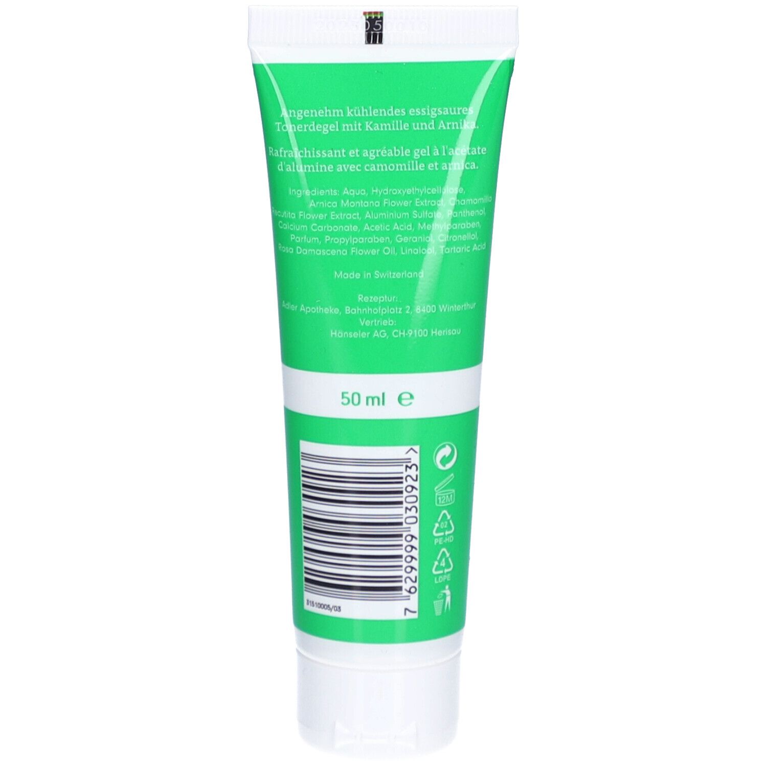 Achterkant van een groene tube met ingrediënten en 50 ml vermelding.