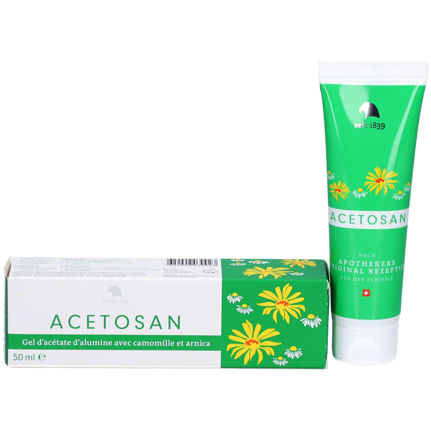 Groene tube en doos met ACETOSAN opschrift en bloemenpatroon.