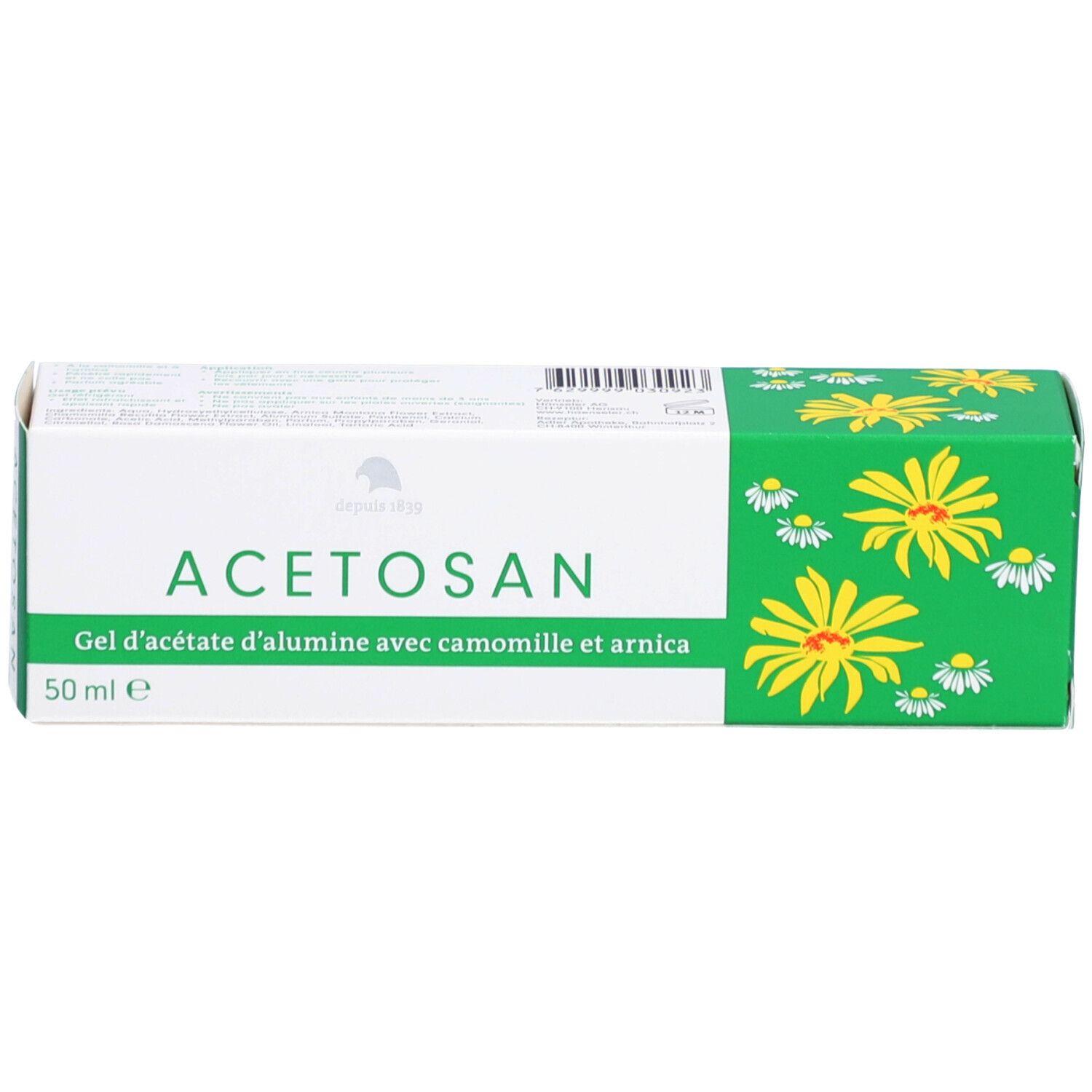 Groen doosje met ACETOSAN opschrift en bloemenpatroon, 50 ml vermelding.