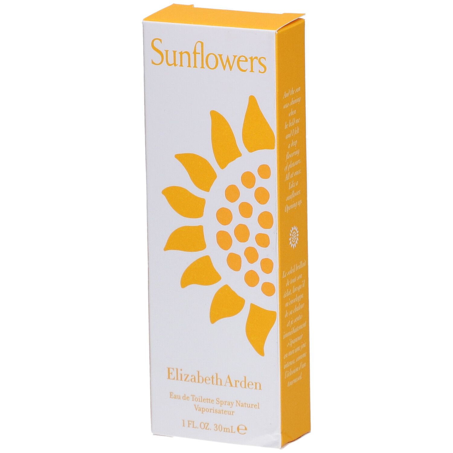 Verpakking van Elizabeth Arden Sunflowers Eau de Toilette. Witte doos met gele zonnebloem en tekst.