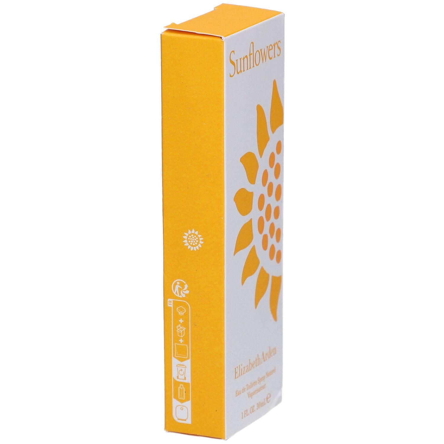 Zijaanzicht van de Elizabeth Arden Sunflowers verpakking. Gele doos met witte zonnebloem en tekst.