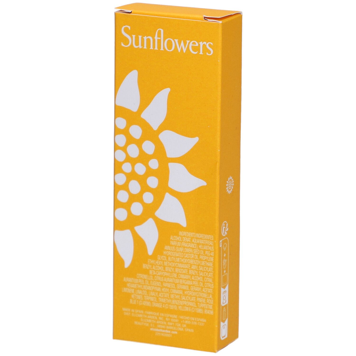 Achterkant van de Elizabeth Arden Sunflowers verpakking. Gele doos met witte zonnebloem en tekst.