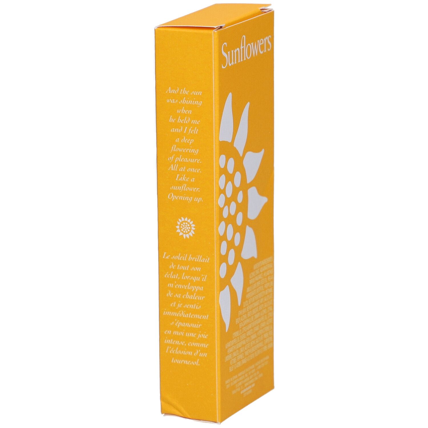 Zijkant van de Elizabeth Arden Sunflowers verpakking met tekst in het Engels en Frans. Gele doos.