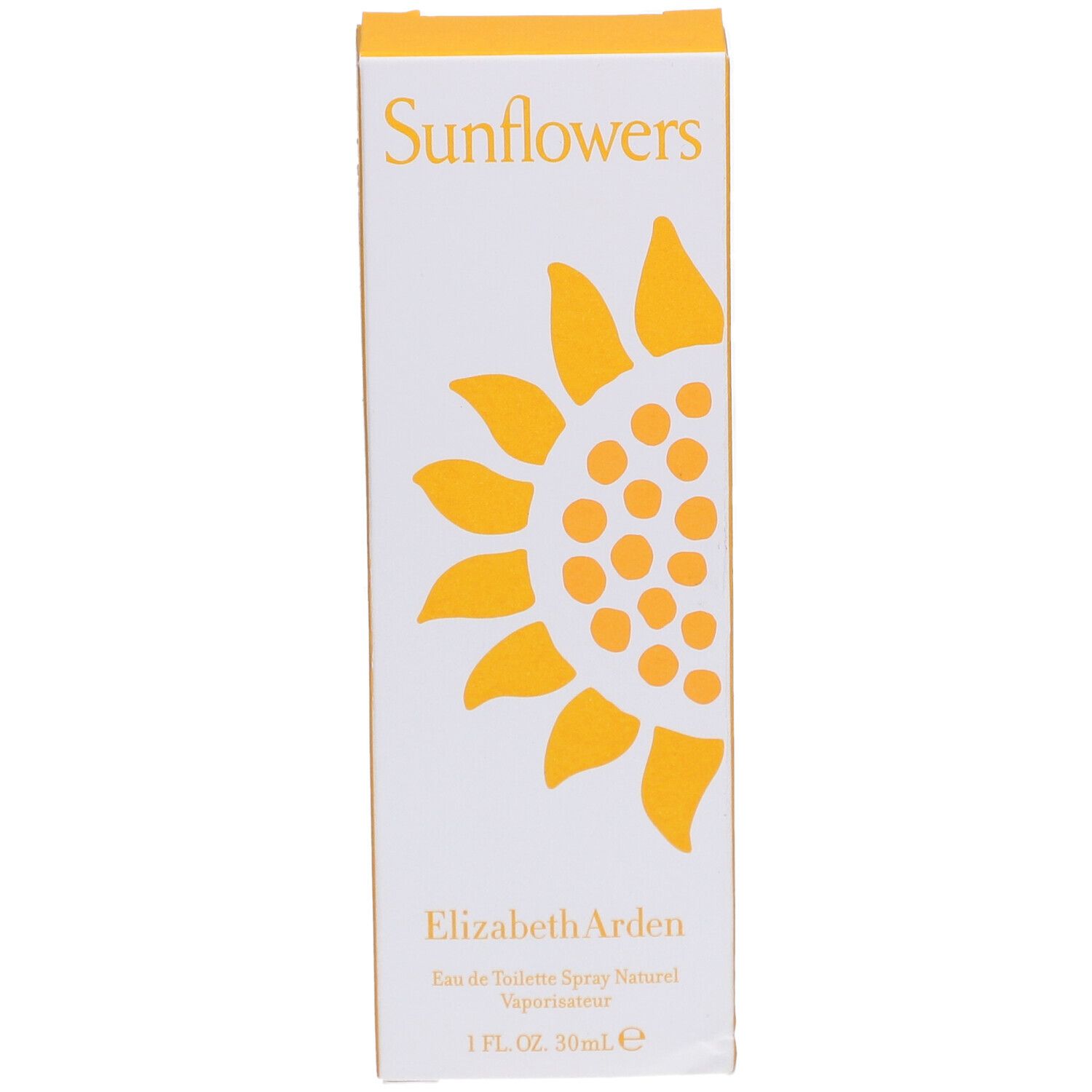 Vooraanzicht van de Elizabeth Arden Sunflowers verpakking. Witte doos met gele zonnebloem en tekst.