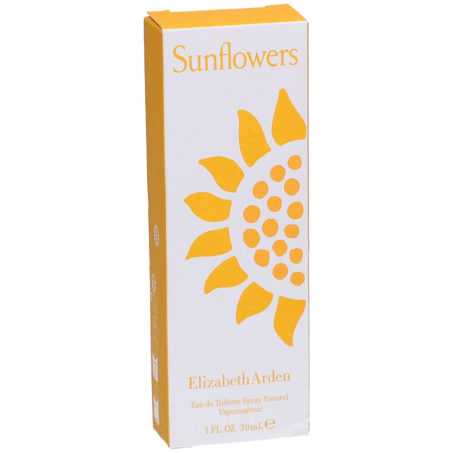 Elizabeth Arden Sunflowers verpakking. Witte doos met gele zonnebloem en tekst. 1 FL. OZ. 30ml.e