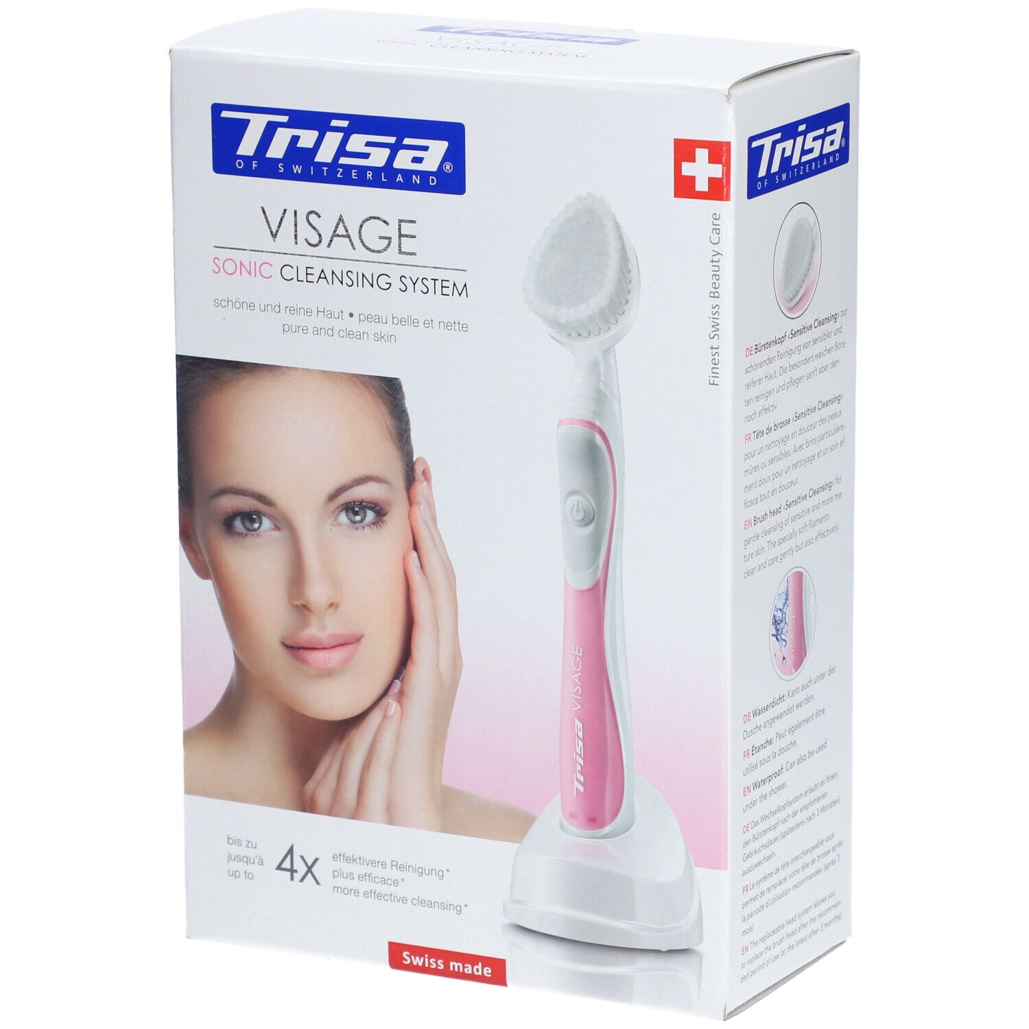 Productverpakking met gezichtsborstel en oplaadstation. De borstel is wit en roze. Op de verpakking staat een vrouw afgebeeld.