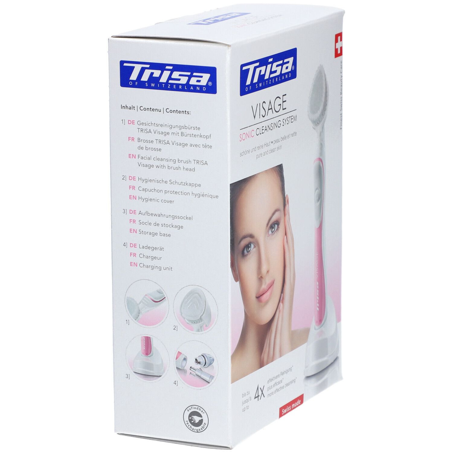 Productverpakking met inhoud en illustraties. De verpakking toont een gezichtsborstel en accessoires. Tekst in het Duits en Engels.