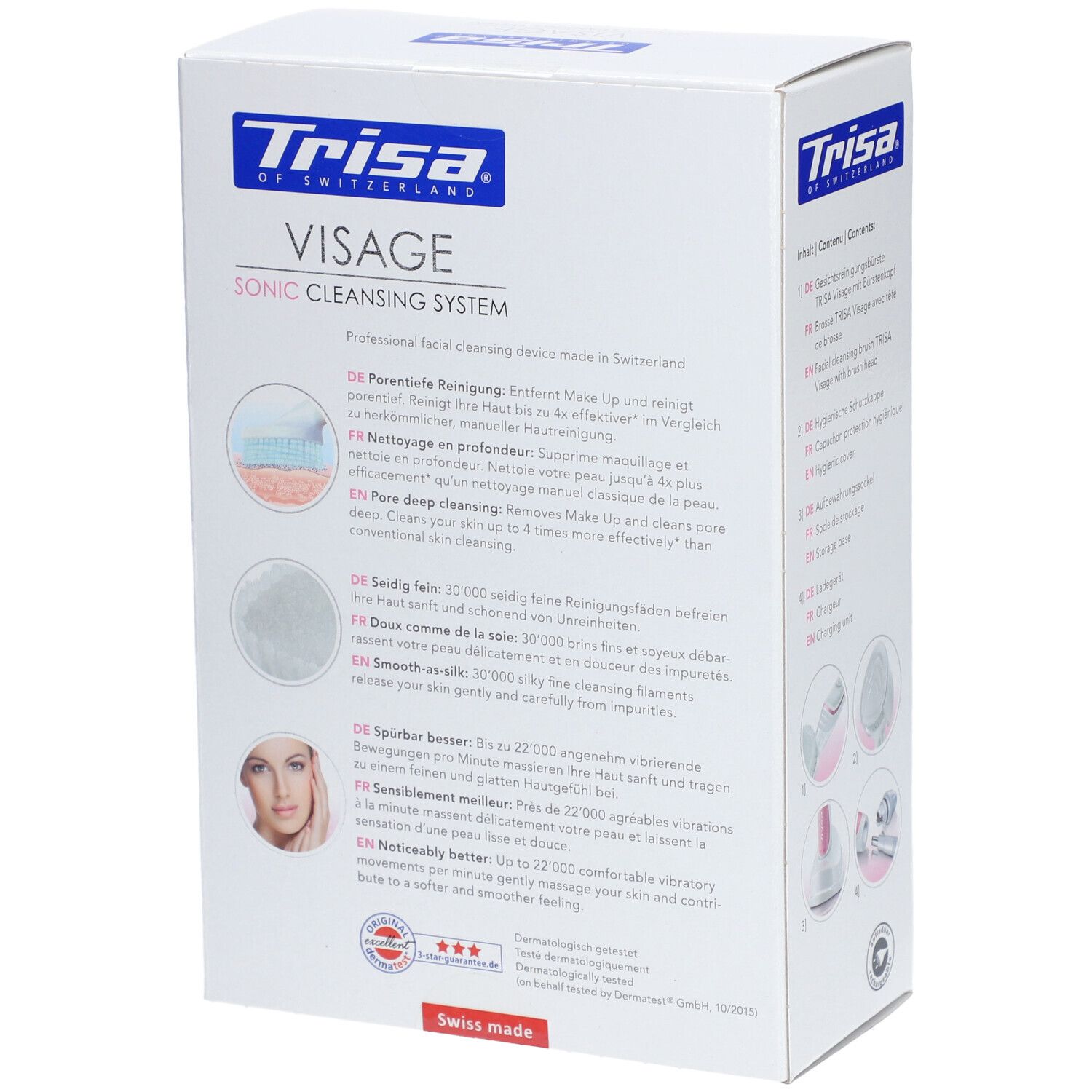 Productverpakking met tekst over de reinigingswerking. Illustraties tonen de werking. Tekst in het Duits, Engels, Frans.