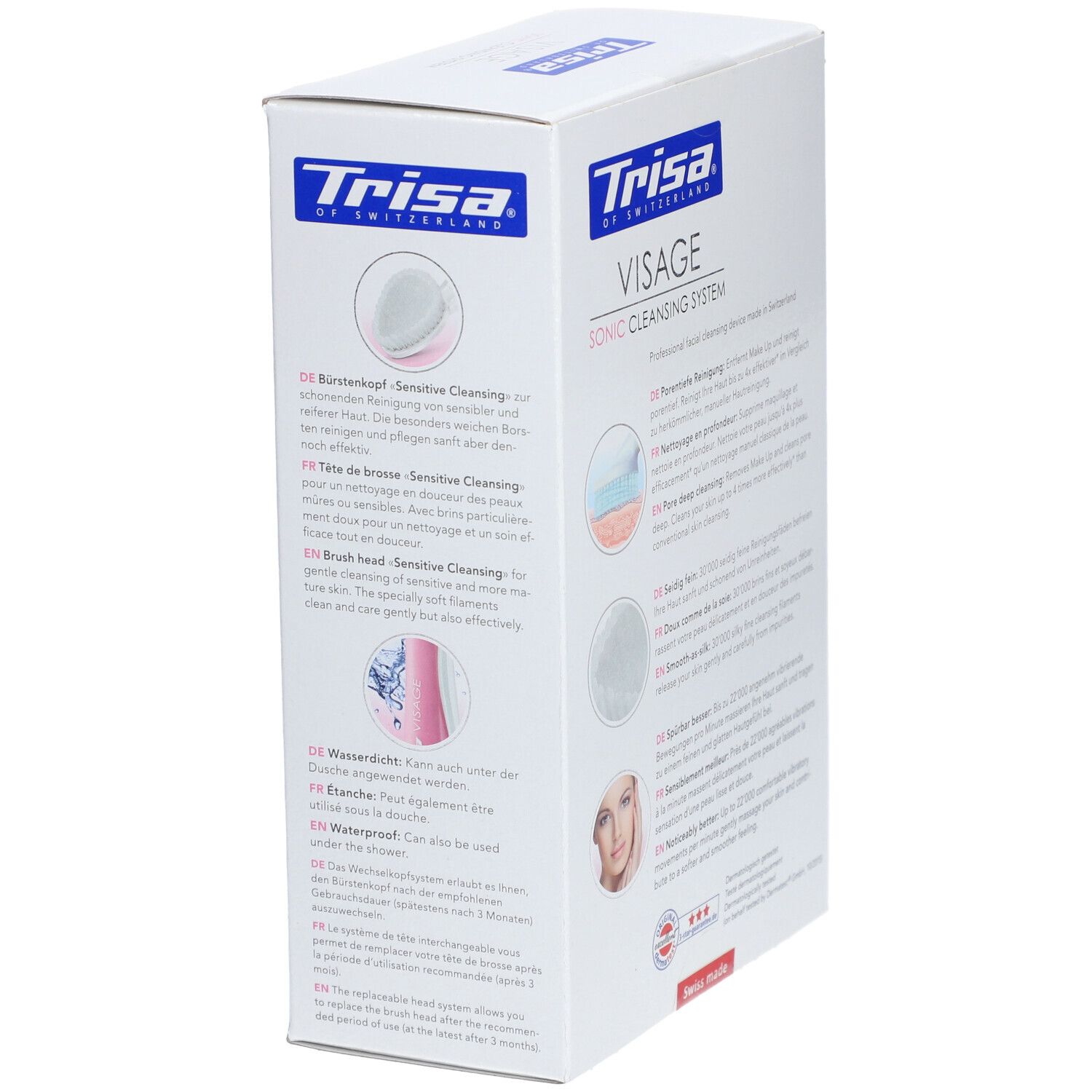 Productverpakking met tekst over de reinigingswerking. Illustraties tonen de werking. Tekst in het Duits, Engels, Frans.