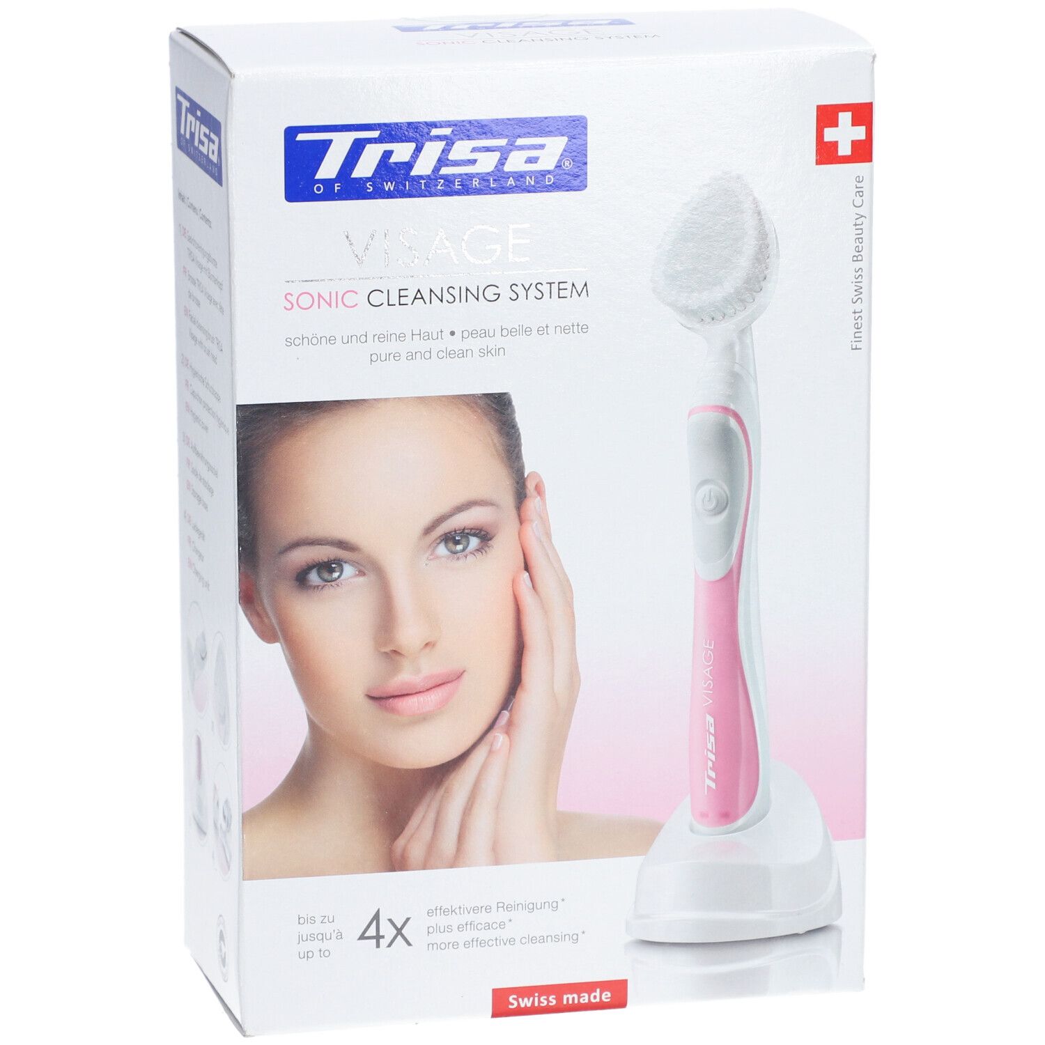 Productverpakking met gezichtsborstel en oplaadstation. De borstel is wit en roze. Op de verpakking staat een vrouw afgebeeld.