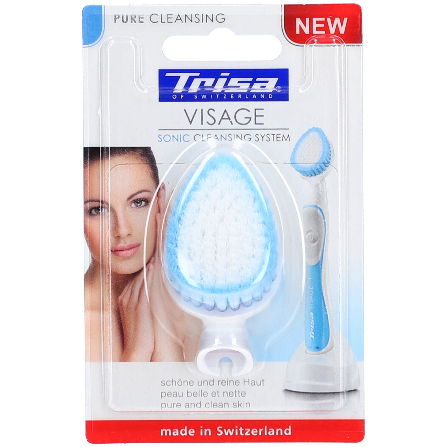 Reinigingsborstel en handvat in blisterverpakking. Blauwe borstelharen, witte handgreep. Tekst: TRISA Visage, Pure Cleansing, NEW.