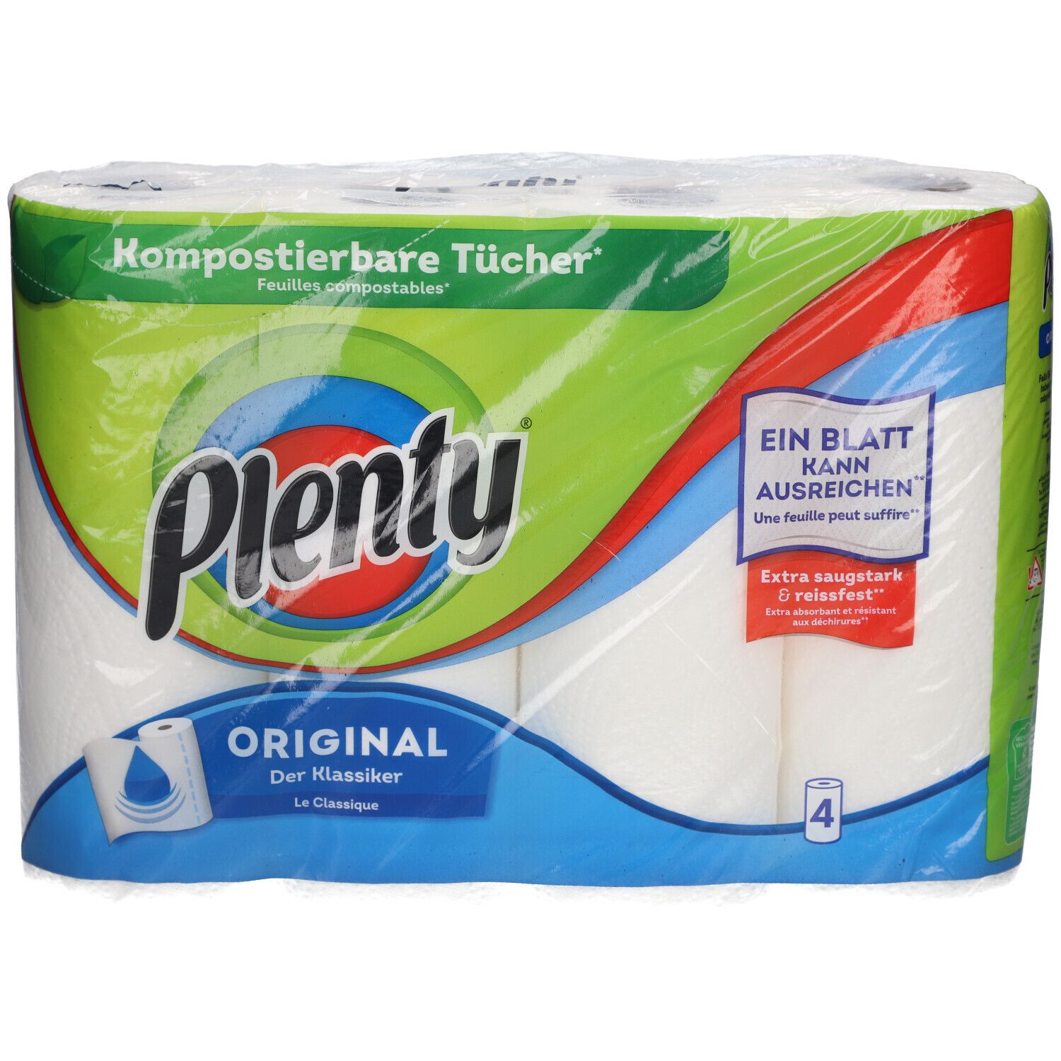 Plenty® Haushaltstücher Original, verpakt in folie. Vier rollen. Opschriften: Composteerbare doeken, Eén vel kan voldoende zijn, Original.