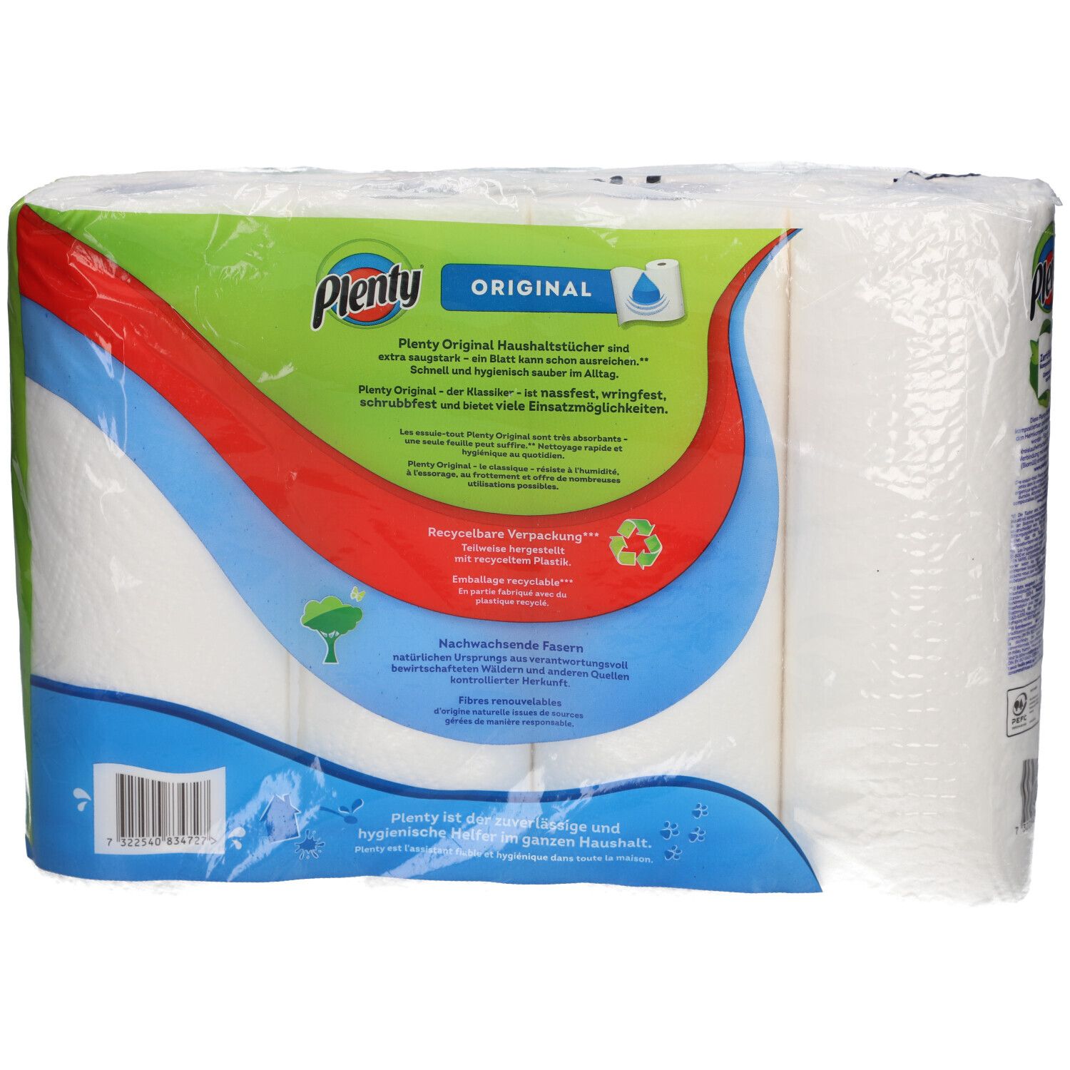 Plenty® Original Haushaltstücher, verpakt. Achterkant met productinformatie en recyclingsymbolen. Meerdere rollen zichtbaar.