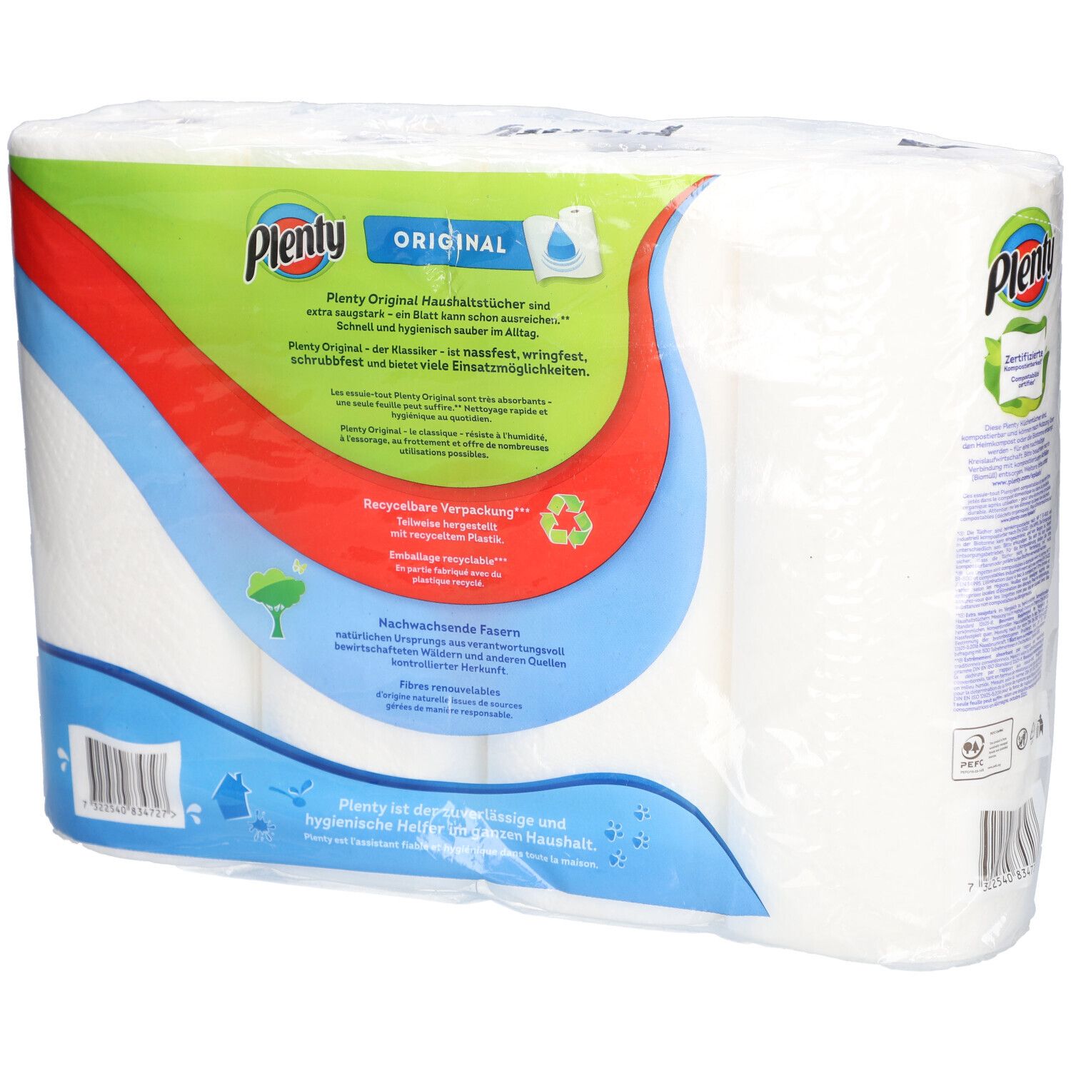 Plenty® Original Haushaltstücher, verpakt. Achterkant met productinformatie en recyclingsymbolen. Meerdere rollen zichtbaar.