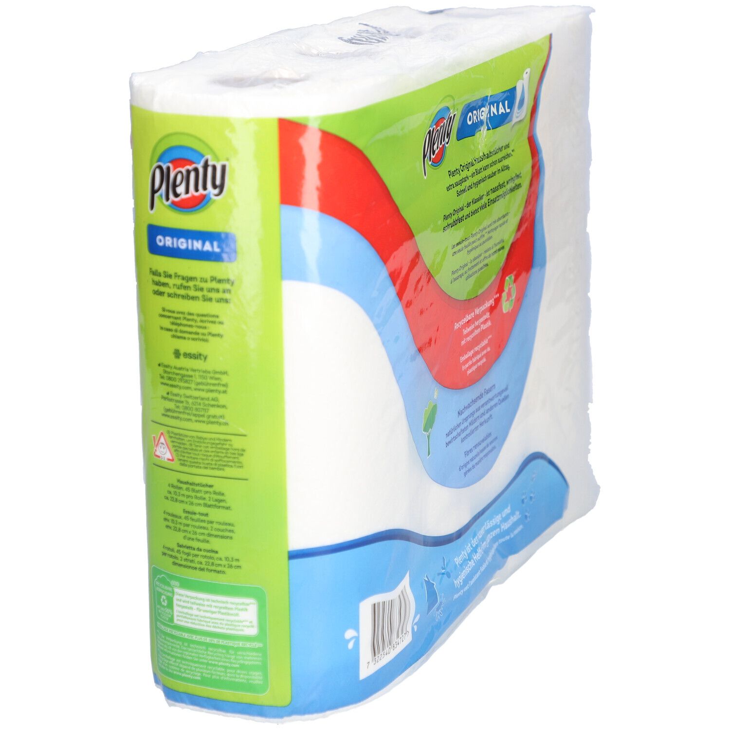 Plenty® Original Haushaltstücher, verpakt. Zijaanzicht. Productinformatie op de verpakking. Meerdere rollen zichtbaar.