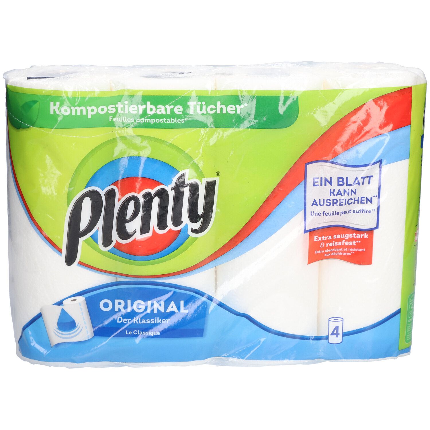 Plenty® Haushaltstücher Original, verpakt in folie. Vier rollen. Opschriften: Composteerbare doeken, Eén vel kan voldoende zijn, Original.