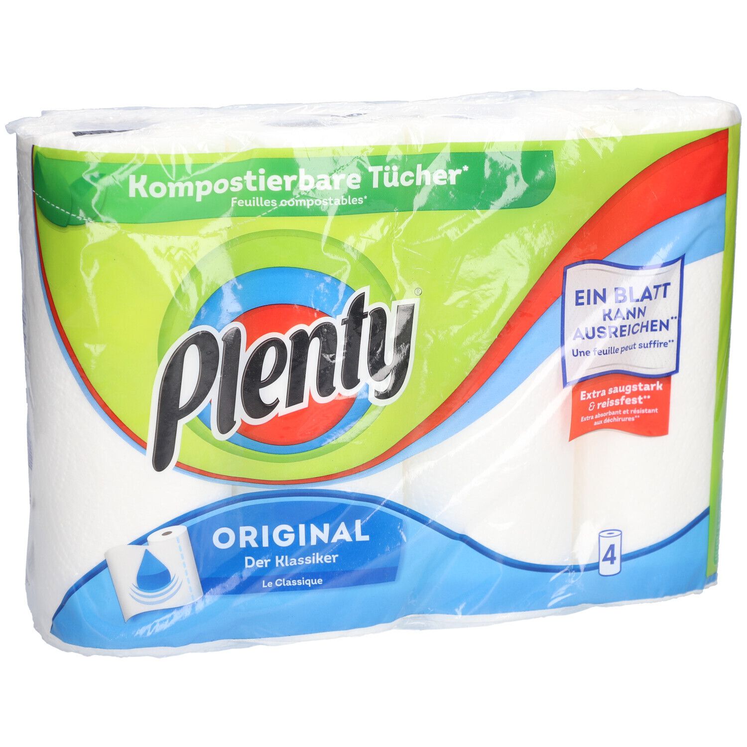 Plenty® Haushaltstücher Original, verpakt in folie. Vier rollen. Opschriften: Composteerbare doeken, Eén vel kan voldoende zijn, Original.