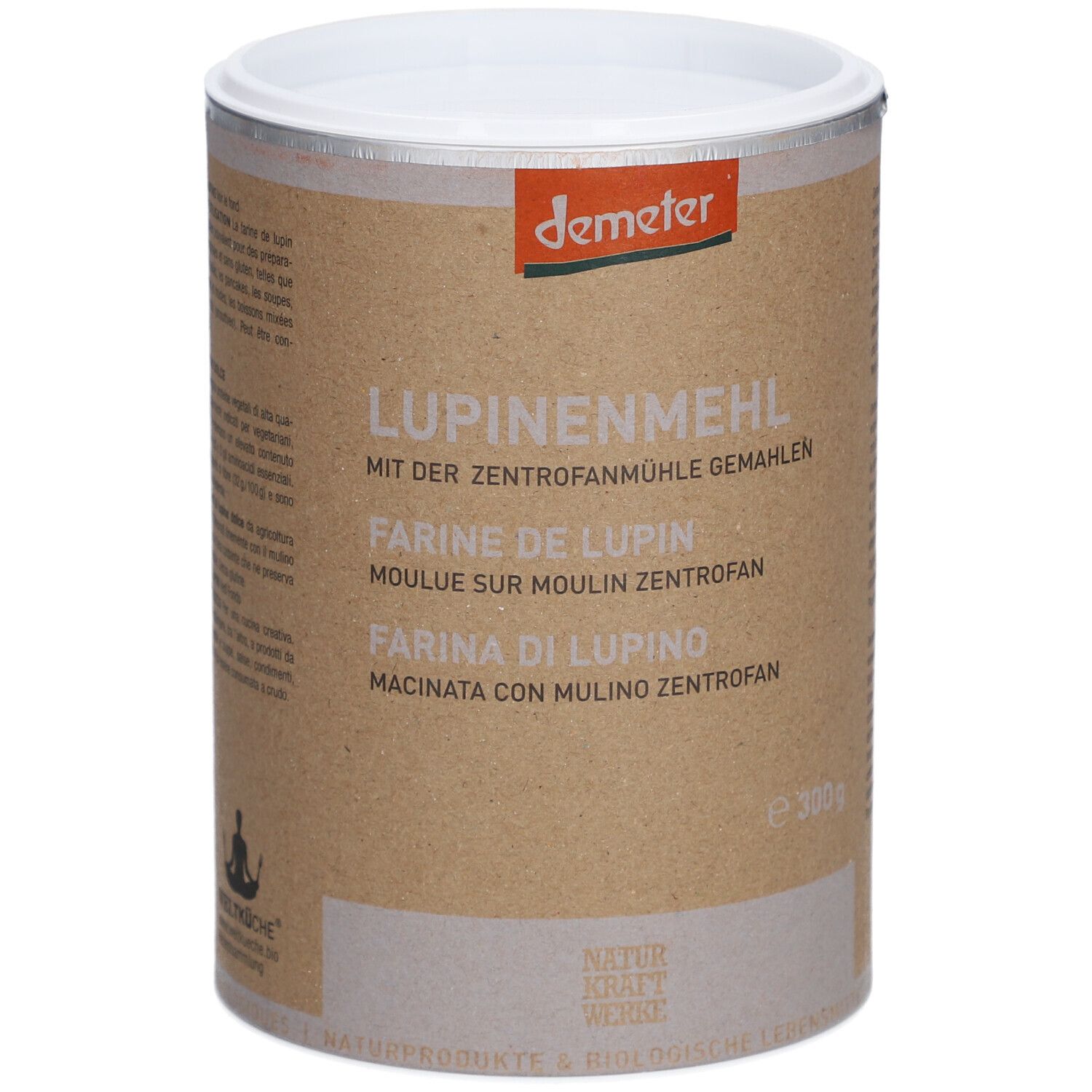 Cilindervormige doos met "Lupinenmeel". Demeter-logo. Bruine verpakking met witte deksel. 300g.