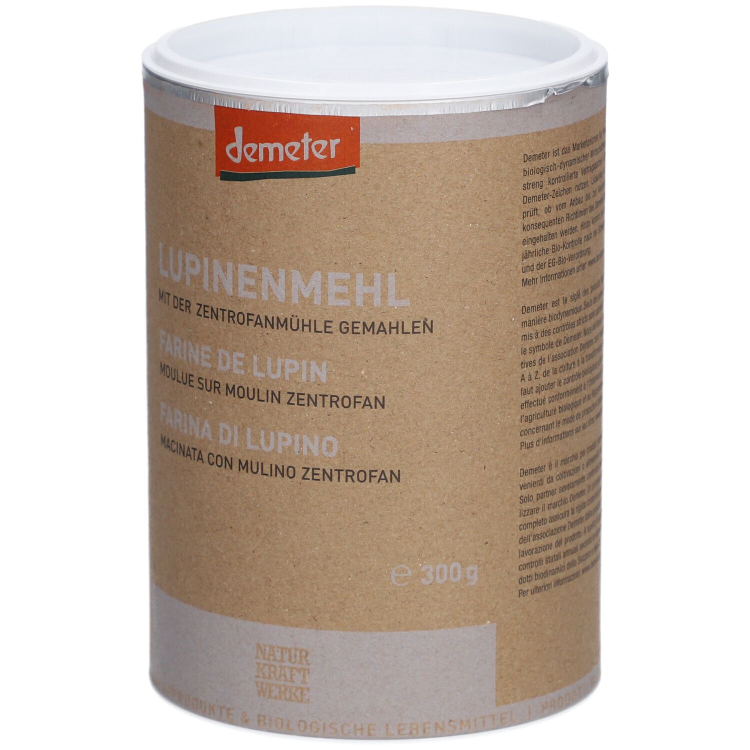 Cilindervormige doos met "Lupinenmeel". Demeter-logo. Bruine verpakking met witte deksel. 300g.